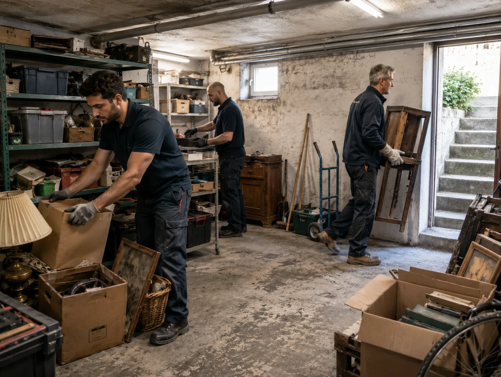 Team entrümpelt einen Keller in Düsseldorf mit Kartons, Möbeln und Regalen
