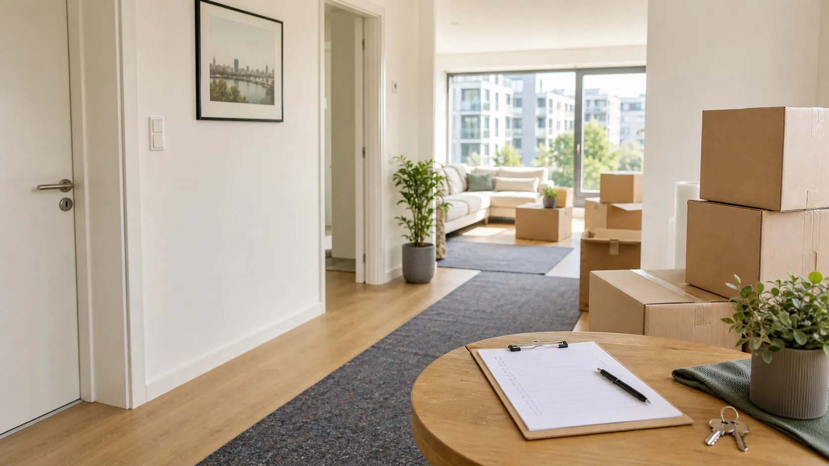 Vorbereitete Wohnungsübergabe nach Haushaltsauflösung in Düsseldorf mit Kartons, Schlüssel und Checkliste