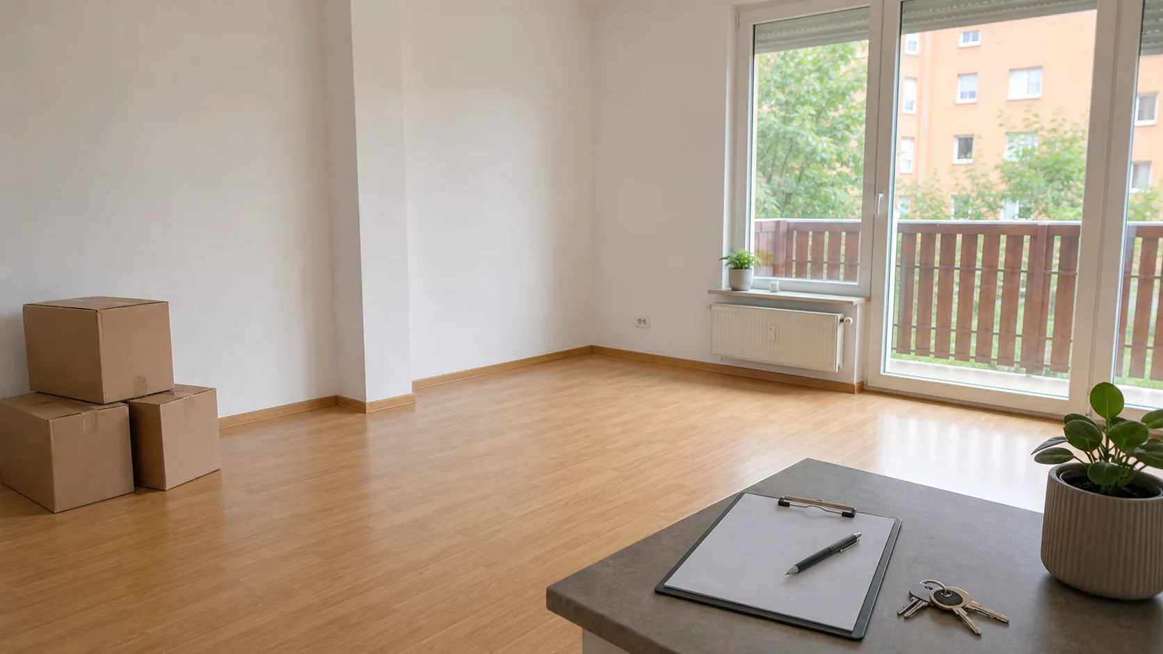Vorbereitete Mietwohnung in Neuss mit Kartons, Schlüssel und Übergabeunterlagen nach Haushaltsauflösung